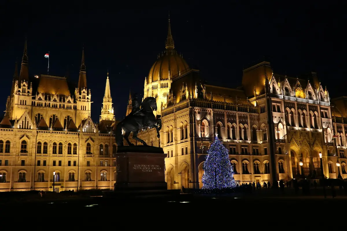 Здание парламента в Будапеште ночью и новогодняя ёлка перед ним
